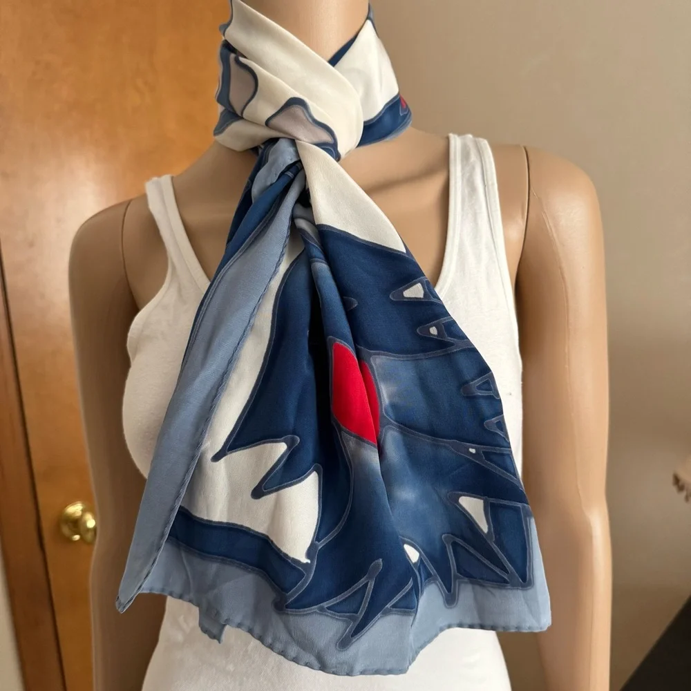 Artisan Hand Painted Blue Red White Silk Floral Neck Skinny Oblong Scarf